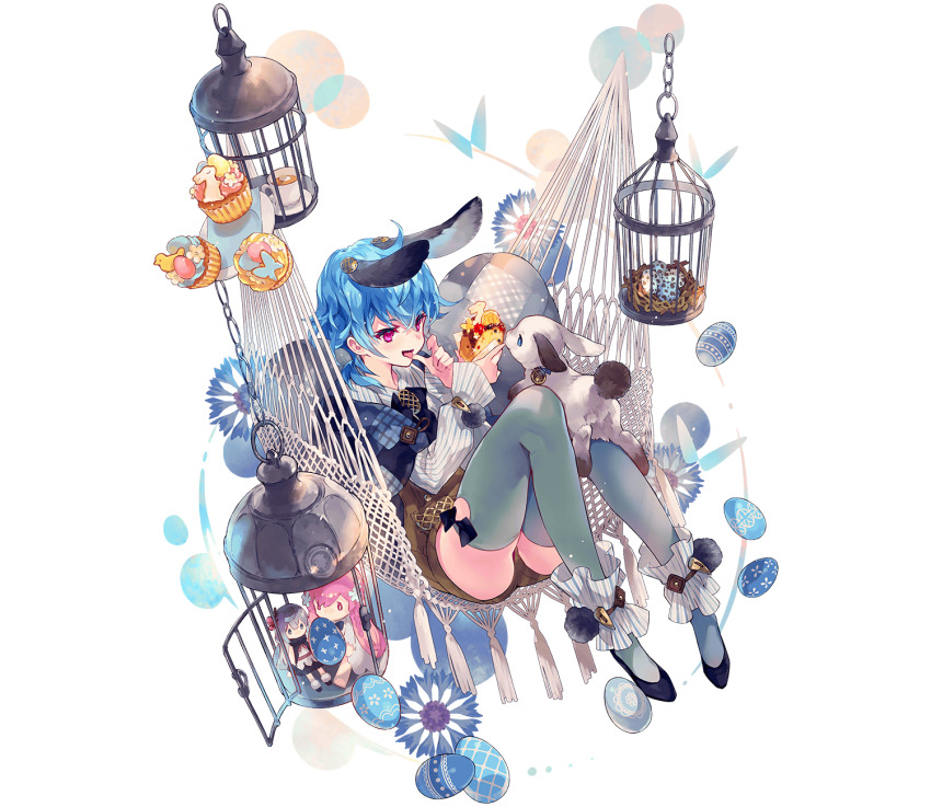 1girl, almace_(phantom_of_the_kill), animal_ears, birdcage, black_shoes, blue_hair, cage, cup