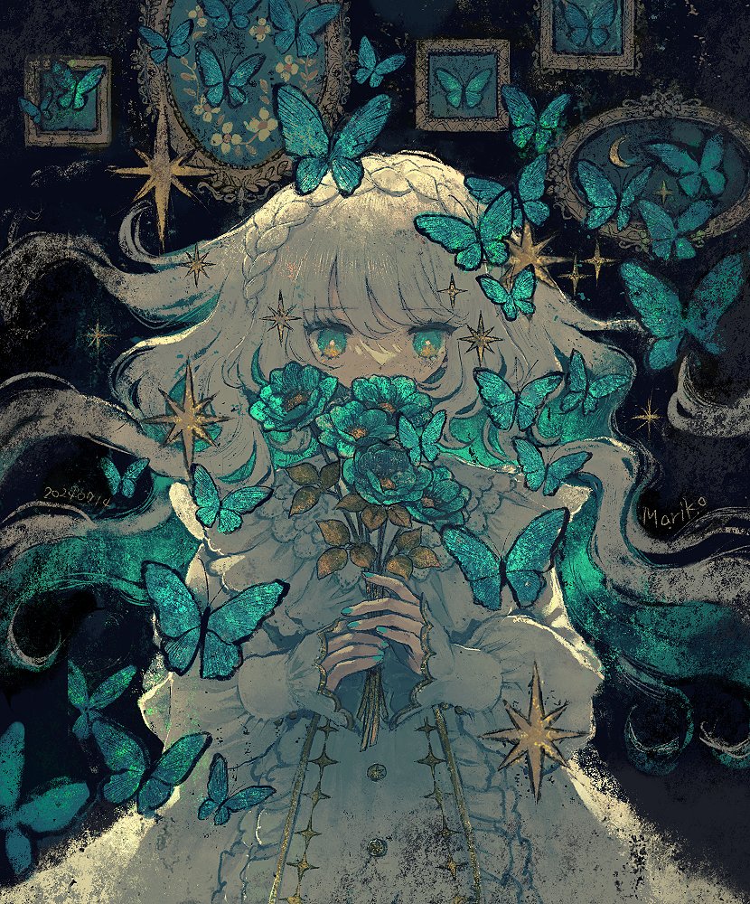 1girl, aqua_butterfly, aqua_eyes, aqua_flower, aqua_nails, blunt_bangs, bouquet, braid