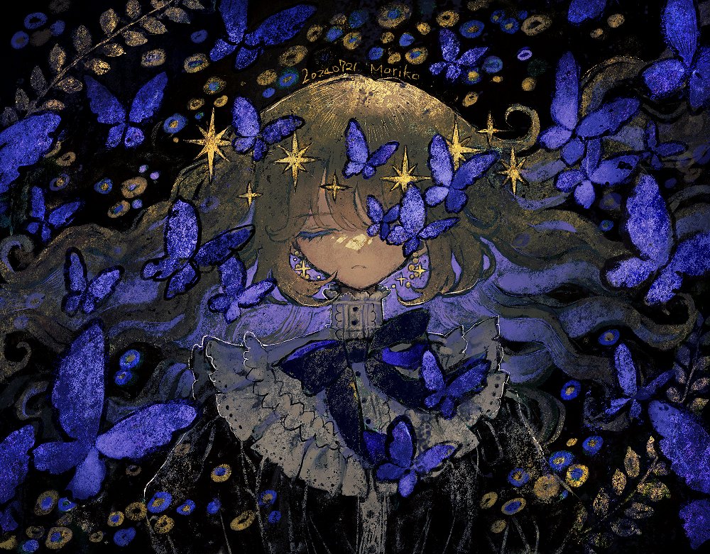 1girl, artist_name, black_bow, black_bowtie, blonde_hair, bow, bowtie, bug