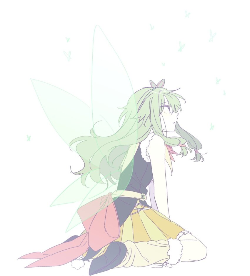 1girl, black_shoes, bow, butterfly_wings, green_hair, highres, insect_wings, kusanagi_nene, long_hair, low-tied_sidelocks, project_sekai, purple_eyes, ryoung476, shoes, sidelocks, simple_background, skirt, sleeveless, solo, tagme, white_background, wings