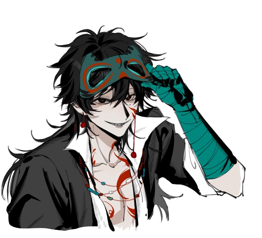 1boy, adjusting_mask, bandaged_arm, bandaged_hand, bandages, black_eyes, black_hair, black_jacket