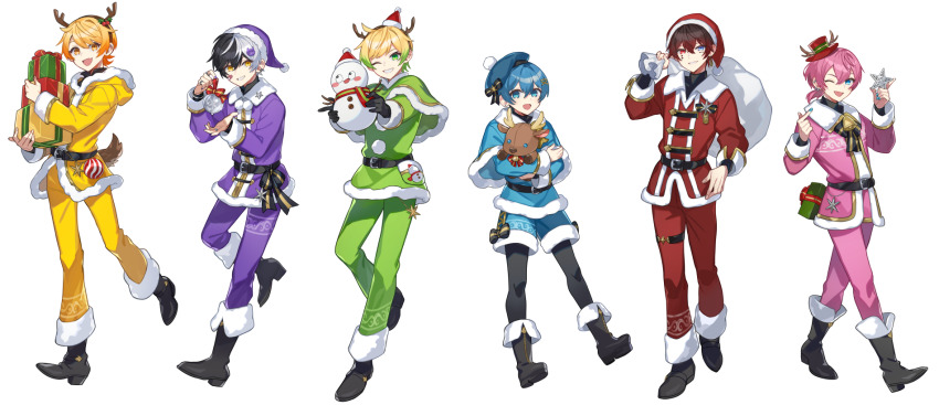 6+boys, :d, ;d, akkiy_(amptakxcolors), amptakxcolors, antlers, atto_(amptakxcolors), bandaid, bandaid_on_cheek, bandaid_on_face, barbell_piercing, bell, belt, beret, black_belt, black_footwear, black_gloves, black_hair, black_pantyhose, black_shirt, blue_capelet, blue_eyes, blue_hair, blue_hat, blue_jacket, blue_nails, blue_santa_costume, blue_shorts, boots, box, capelet, christmas, christmas_ornaments, deer_tail, ear_piercing, earrings, facial_mark, fake_antlers, fake_horns, fake_tail, fang, finger_heart, fold-over_boots, full_body, fur-trimmed_boots, fur-trimmed_capelet, fur-trimmed_headwear, fur-trimmed_jacket, fur_trim, gift, gift_box, gloves, gradient_hair, green_capelet, green_eyes, green_hair, green_jacket, green_pants, green_santa_costume, grin, hair_between_eyes, hair_ornament, hairclip, hat, heterochromia, highres, holding, holding_gift, holding_sack, holding_snowman, holding_star, holly_hair_ornament, hood, hood_down, hooded_jacket, horned_headwear, horns, hugging_object, jacket, jewelry, kanyoko_(yuzukano_17), ketcha_(amptakxcolors), long_sleeves, looking_at_viewer, low_ponytail, male_focus, mazeta_(amptakxcolors), medium_hair, mini_hat, mini_santa_hat, mini_top_hat, multicolored_hair, multiple_boys, nail_polish, neck_bell, official_art, one_eye_closed, open_mouth, orange_eyes, orange_hair, pants, pantyhose, parted_lips, piercing, pink_hair, pink_jacket, pink_pants, pink_santa_costume, pom_pom_(clothes), ponytail, pretz_(amptakxcolors), purple_hat, purple_jacket, purple_pants, purple_santa_costume, red_eyes, red_hair, red_hat, red_jacket, red_pants, reindeer_antlers, sack, santa_costume, santa_hat, shirt, short_hair, shorts, simple_background, skin_fang, sleeve_cuffs, smile, snowman, split-color_hair, standing, standing_on_one_leg, star_(symbol), stud_earrings, stuffed_animal, stuffed_reindeer, stuffed_toy, swept_bangs, tail, tassel, thigh_strap, tigusakun_(amptakxcolors), top_hat, turtleneck, white_background, white_hair, yellow_eyes, yellow_jacket, yellow_pants, yellow_santa_costume