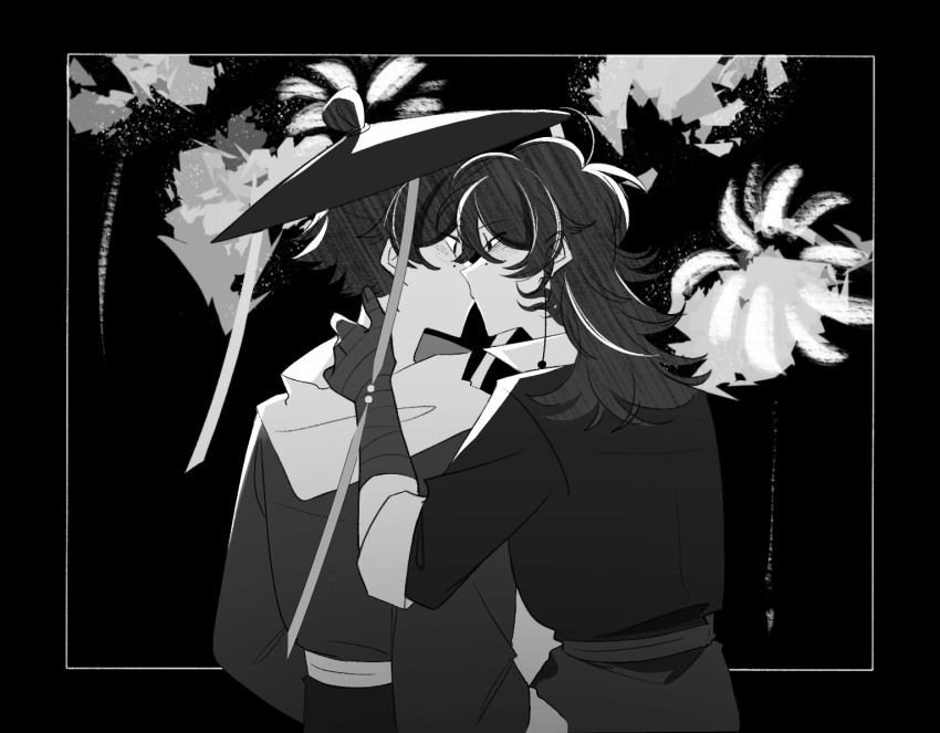 2boys, bandaged_arm, bandaged_hand, bandages, cen_boyao, chinese_commentary, commentary_request, earrings