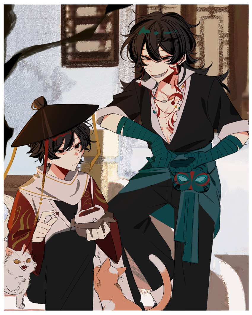 2boys, ajirogasa, bandaged_arm, bandaged_hand, bandages, black_hair, black_hat, black_jacket