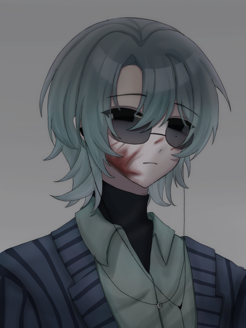 1boy, black_eyes, blood, blood_on_face, blue_hair, blue_jacket, chinese_commentary, closed_mouth