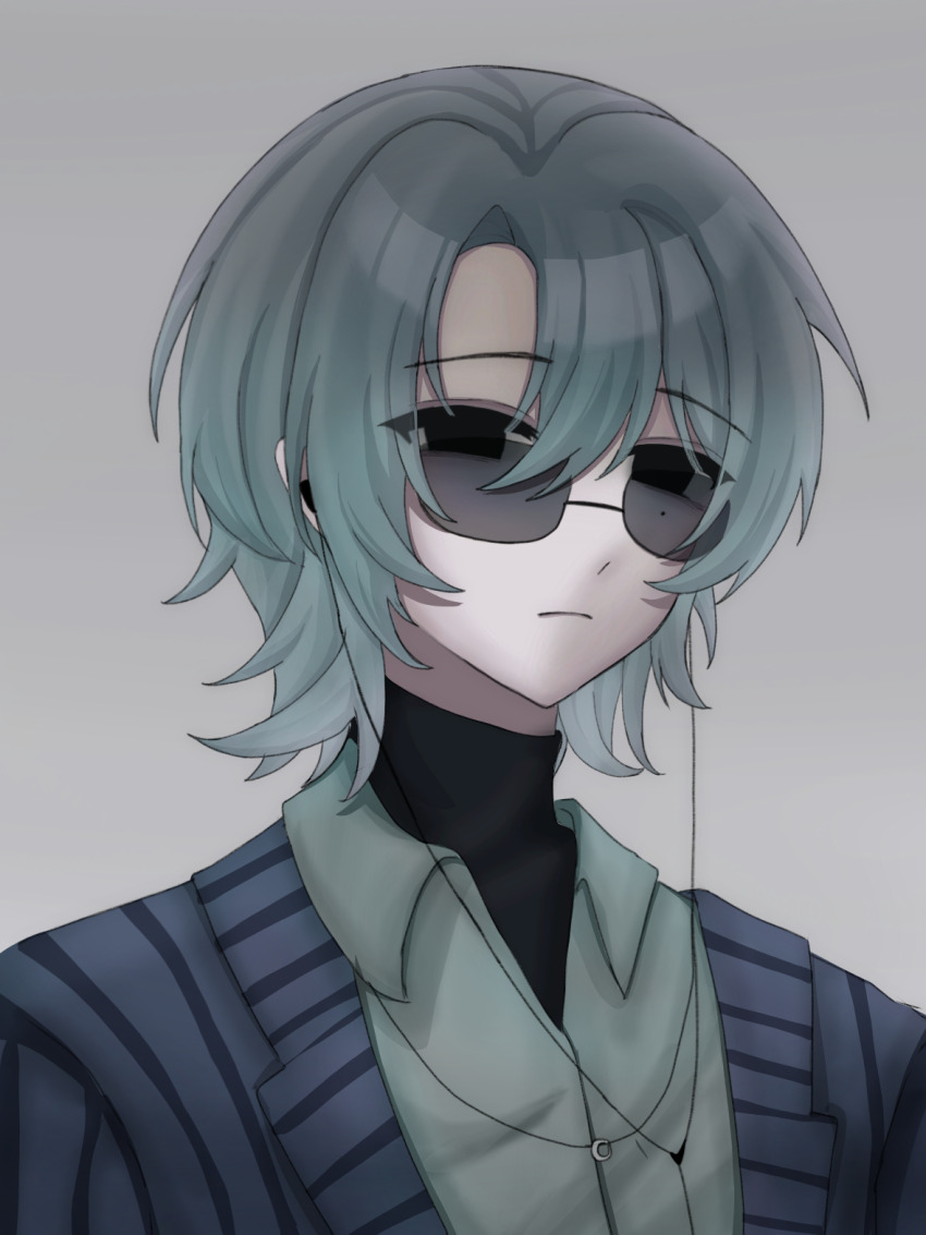 1boy, black_eyes, blue_hair, blue_jacket, chinese_commentary, closed_mouth, collared_shirt, commentary_request