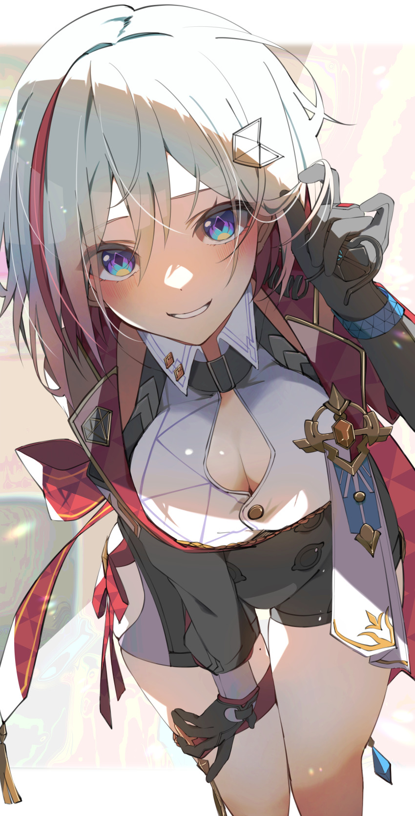 1girl, absurdres, adjusting_hair, black_gloves, blue_eyes, blush, breasts, cleavage, gloves, hair_between_eyes, hair_ornament, hairpin, hand_on_own_thigh, highres, honkai:_star_rail, honkai_(series), large_breasts, leaning_forward, looking_at_viewer, medium_hair, moderate_gold, multicolored_hair, open_mouth, red_hair, shirt, simple_background, smile, solo, streaked_hair, teeth, topaz_(honkai:_star_rail), white_hair, white_shirt