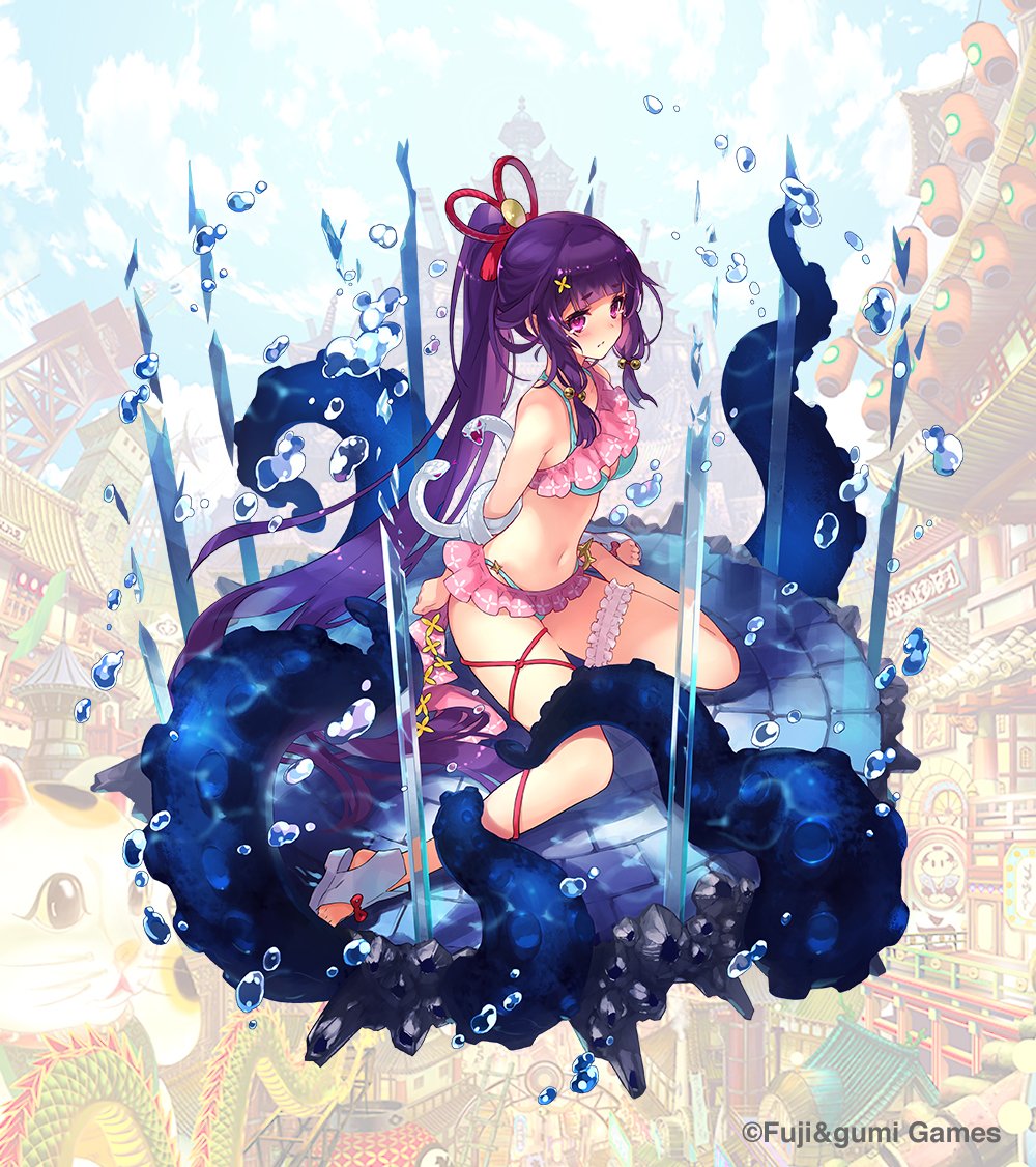 1girl, air_bubble, amaterasu_(shinobi_nightmare), arms_behind_back, blush, bubble, da-kuro, full_body