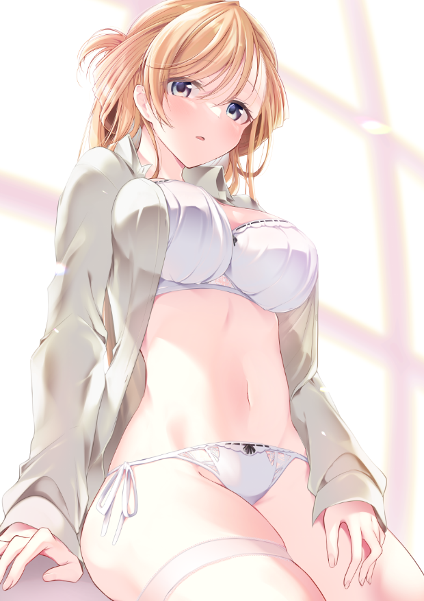 1girl, araragi_ayune, arm_support, blonde_hair, blush, bra, breasts, collared_shirt