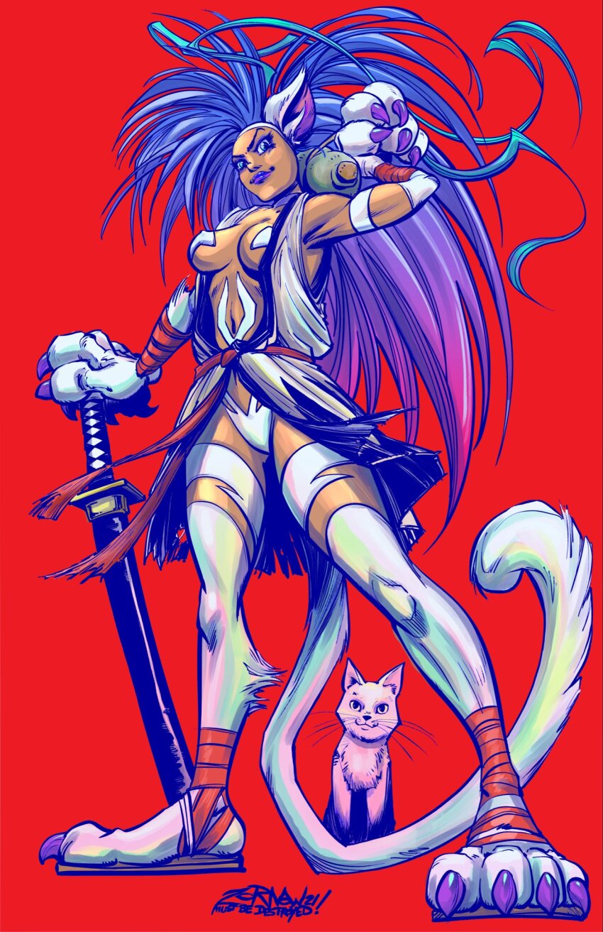 1girl, animal, animal_ear_fluff, animal_ears, blue_eyes, blue_hair, breasts, breasts_apart, capcom, cat, cat_ears, cat_tail, claws, cleavage, convenient_censoring, cosplay, crossover, darkstalkers, felicia_(darkstalkers), haoumaru, haoumaru_(cosplay), highres, jeff_zornow, katana, long_hair, looking_at_viewer, monster_girl, one_breast_out, purple_lips, red_background, revealing_clothes, samurai_spirits, sandals, sheath, simple_background, snk, sword, tail, very_long_hair, weapon