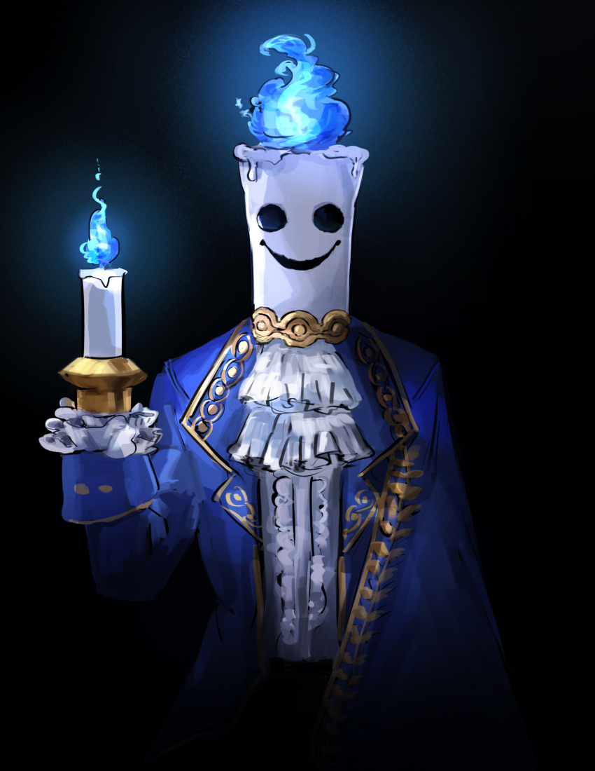 1boy, black_sclera, blue_fire, candle, colored_sclera, darkness, duel_monster, emissary_from_the_house_of_wax, empty_eyes, fire, formal_clothes, grin, hatano_kiyoshi, highres, looking_at_viewer, smile, solo, yu-gi-oh!