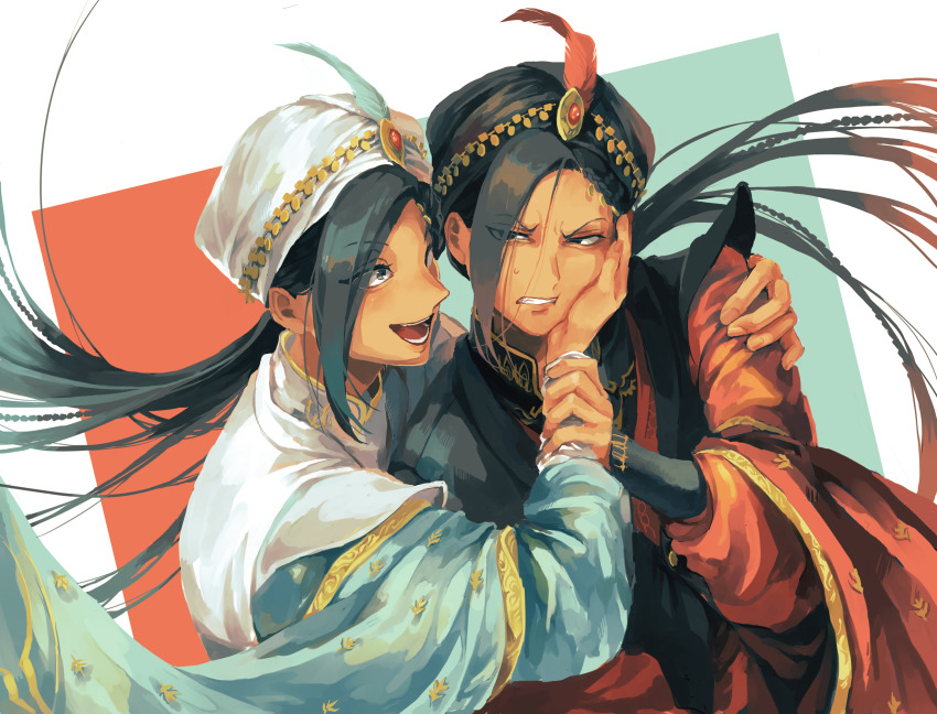 2boys, aegyo_sal, arabian_clothes, arm_around_shoulder, bishounen, black_eyes, black_hair, black_robe, black_turban, blue_feathers, blue_robe, braid, clenched_teeth, dark-skinned_male, dark_skin, dual_persona, feathers, gold, gold_trim, grabbing_another's_arm, grimace, grin, hair_over_one_eye, hand_on_another's_cheek, hand_on_another's_face, head_grab, highres, jamil_viper, jamil_viper_(dream), looking_at_another, loose_hair_strand, multiple_boys, multiple_braids, ponytail, red_feathers, red_robe, robe, sayorihp, smile, spoilers, sweatdrop, teeth, turban, twisted_wonderland, v-shaped_eyebrows, white_robe, white_turban