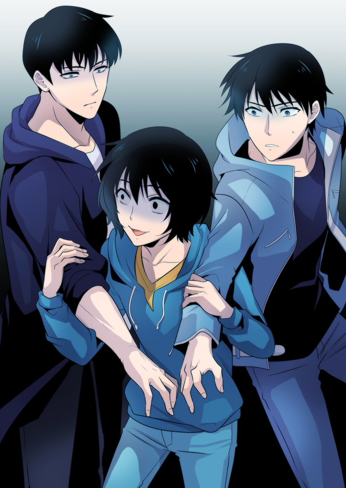 3boys, :o, black_coat, black_eyes, black_hair, black_shirt, blue_hoodie, closed_mouth