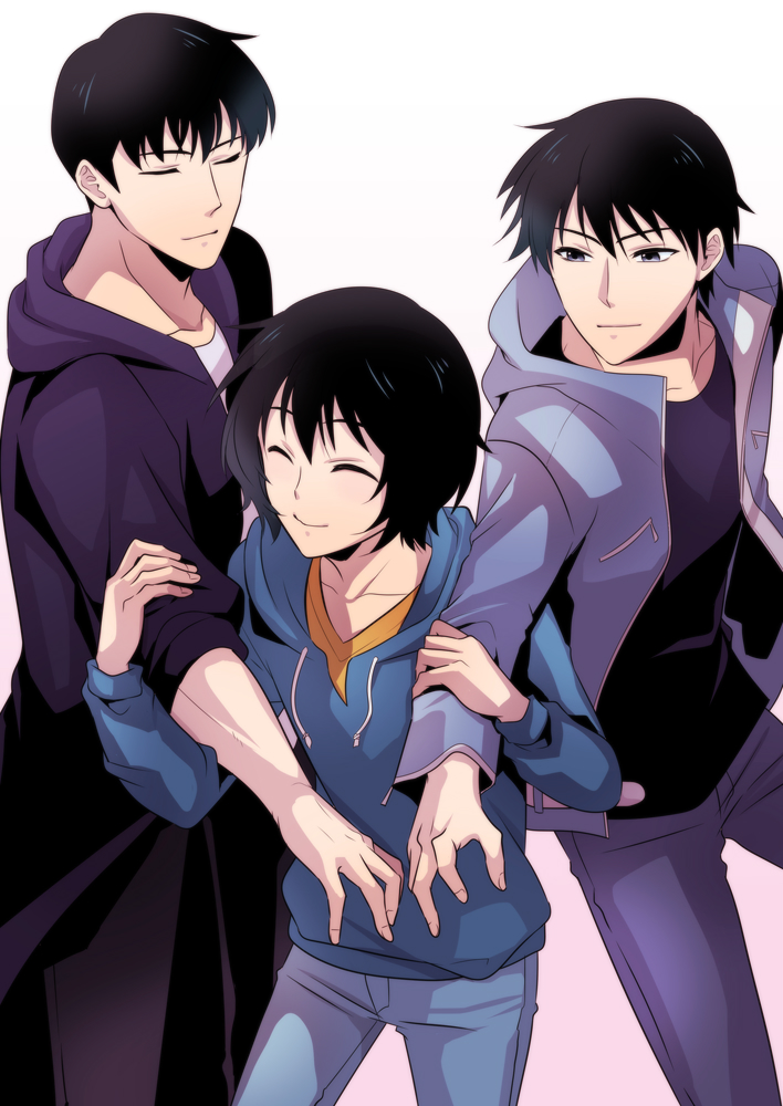 3boys, :o, black_coat, black_hair, black_shirt, blue_eyes, blue_hoodie, closed_eyes