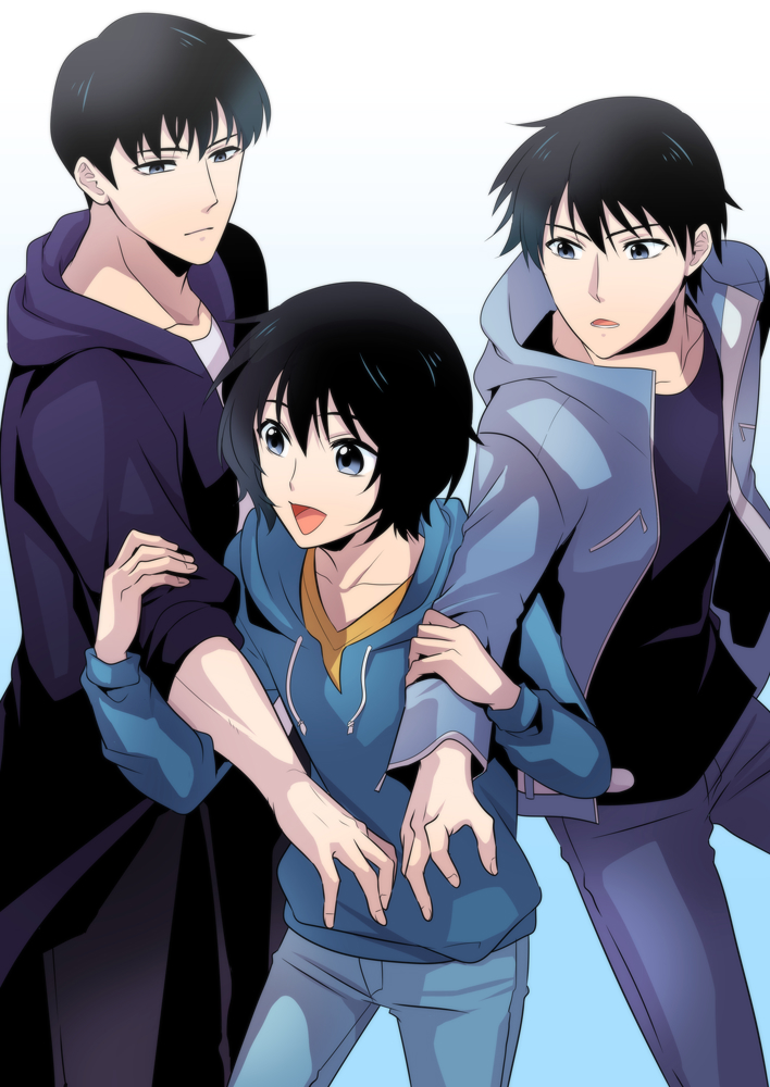 3boys, :o, black_coat, black_hair, black_shirt, blue_eyes, blue_hoodie, closed_mouth