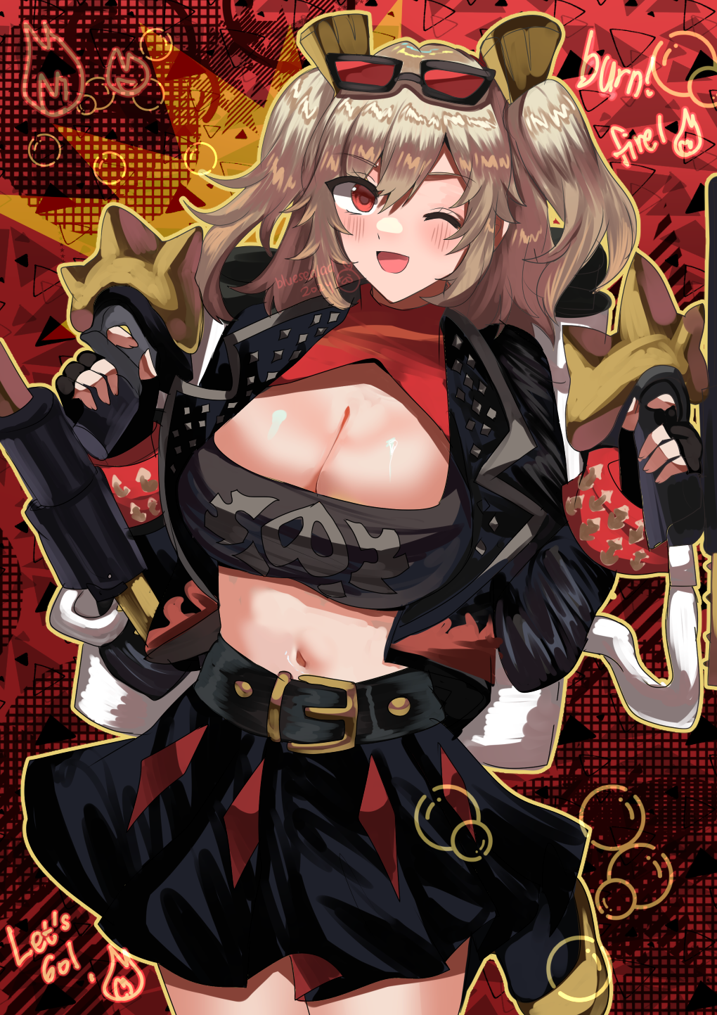 1girl, ;d, belt, black_belt, black_gloves, black_skirt, blonde_hair, blue_sealad