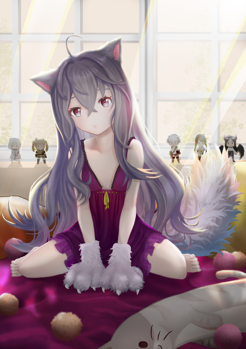 1girl, absurdres, ahoge, animal_hands, breasts, brown_dust_(series), brown_dust_2, cat-shaped_pillow