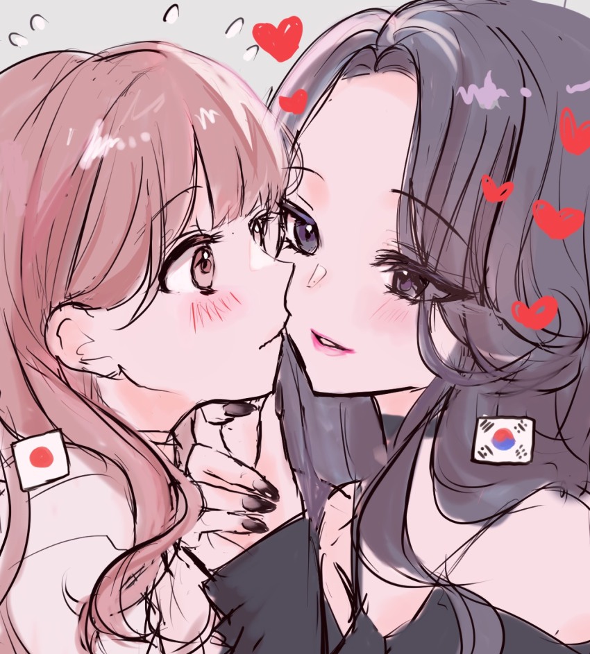 2girls, ameazami, bare_shoulders, black_choker, black_hair, black_nails, black_shirt, blush, brown_eyes, brown_hair, choker, closed_mouth, commentary_request, eye_contact, flying_sweatdrops, grey_background, hand_on_another's_chin, highres, japan-korea_yuri_(meme), japanese_flag, long_hair, looking_at_another, meme, multiple_girls, original, parted_lips, shirt, simple_background, smile, south_korean_flag, yuri