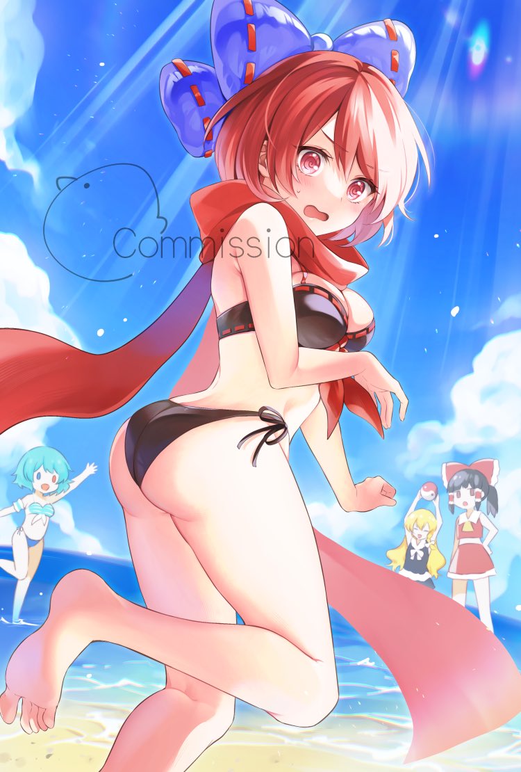 4girls, ass, beach, bikini, black_bikini, blonde_hair, blue_bikini, blue_hair