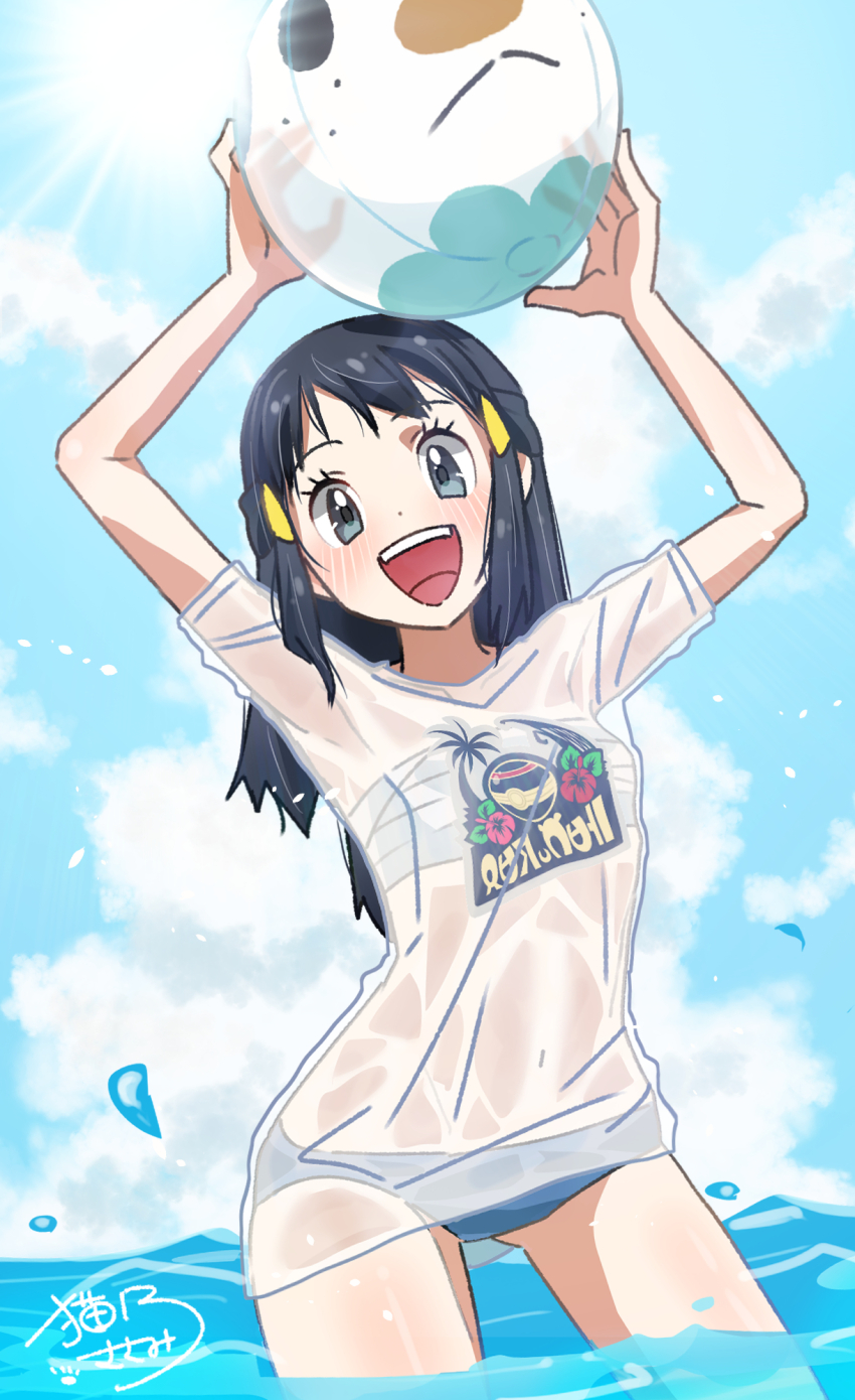 1girl, akari_(pokemon), arms_up, ball, beachball, bikini, bikini_under_clothes, black_hair, cloud, cloudy_sky, cumulonimbus_cloud, day, eyelashes, gen_5_pokemon, grey_eyes, hair_ornament, hairclip, highres, holding, holding_ball, long_hair, looking_at_viewer, navel, nintendo, open_mouth, oshawott, outdoors, pokemon, pokemon_legends:_arceus, print_shirt, sarashi, sasami_642, see-through_clothes, see-through_shirt, shirt, signature, sky, solo, standing, strapless, sunlight, swimsuit, tube_top, upper_body, wading, water, wet, wet_clothes, wet_shirt, white_shirt