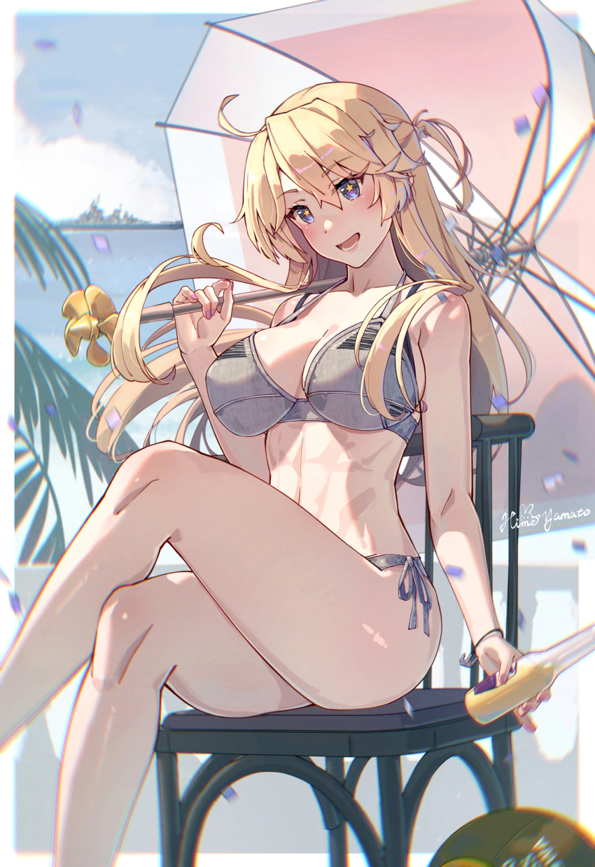 1girl, alternate_costume, alternate_hairstyle, atlanta_(kancolle), atlanta_(kancolle)_(cosplay), atlanta_(swimsuit)_(kancolle), battleship, bikini