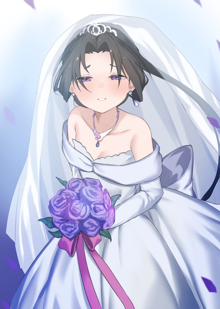 1boy, armpit_crease, back_bow, black_hair, blue_background, blue_gem, bouquet, bow