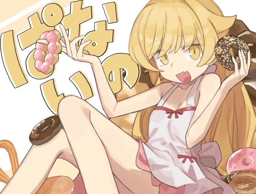 1girl, blonde_hair, commentary, donut, dress, fang, feet_out_of_frame, food