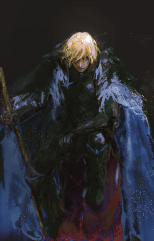 1boy, armor, black_armor, black_background, black_fur, black_gloves, blonde_hair, blood