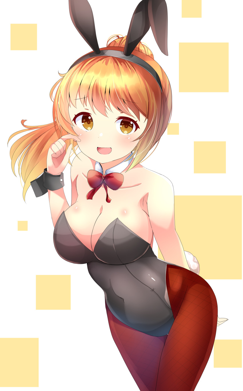 absurdres, animal_ears, aru_(arudes), black_leotard, bow, bowtie, breasts, brown_eyes