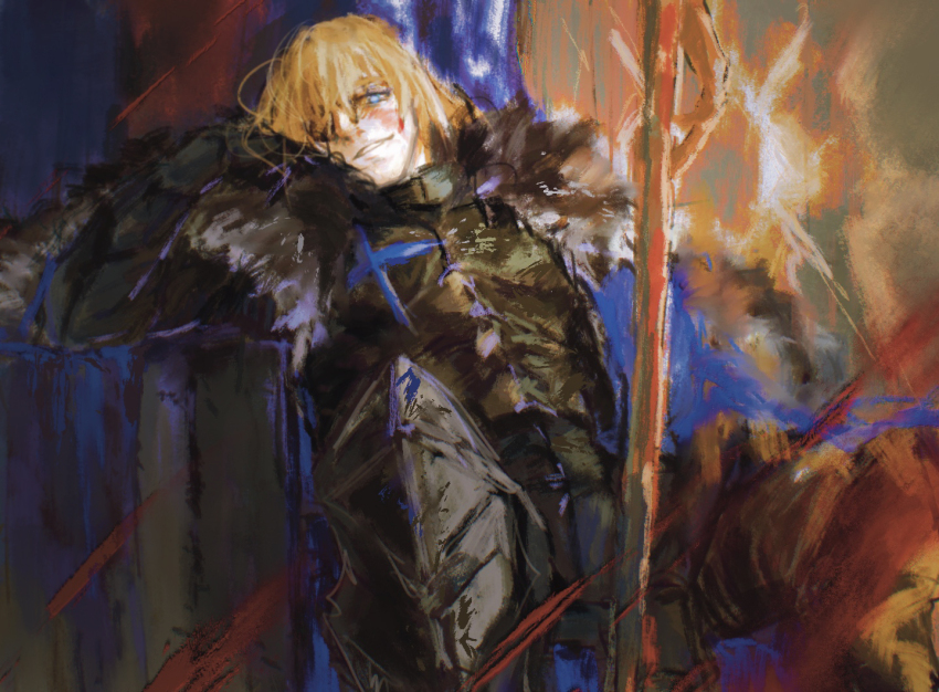 1boy, arm_up, armor, black_armor, black_fur, black_gloves, blonde_hair, blue_cape