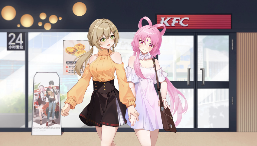 2girls, absurdres, ai_ke_le_de_xiao_hong, averting_eyes, bag, black_skirt, blush, breasts, brown_hair, dress, embarrassed, forehead_jewel, fu_xuan_(honkai:_star_rail), hair_between_eyes, hair_ornament, hair_rings, hairclip, high-waist_skirt, highres, holding_hands, honkai:_star_rail, honkai_(series), kfc, long_hair, looking_at_another, medium_breasts, medium_hair, multiple_girls, orange_sweater, pink_dress, pink_eyes, pink_hair, poster_(object), qingque_(honkai:_star_rail), shoulder_bag, skirt, strapless, strapless_dress, sweater, very_long_hair, walking, yuri