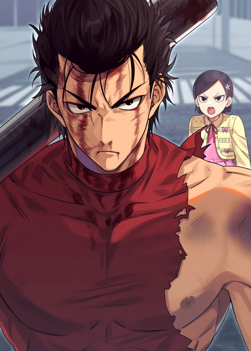 1boy, 1girl, absurdres, baseball_bat, black_eyes, black_hair, blood, blood_on_face