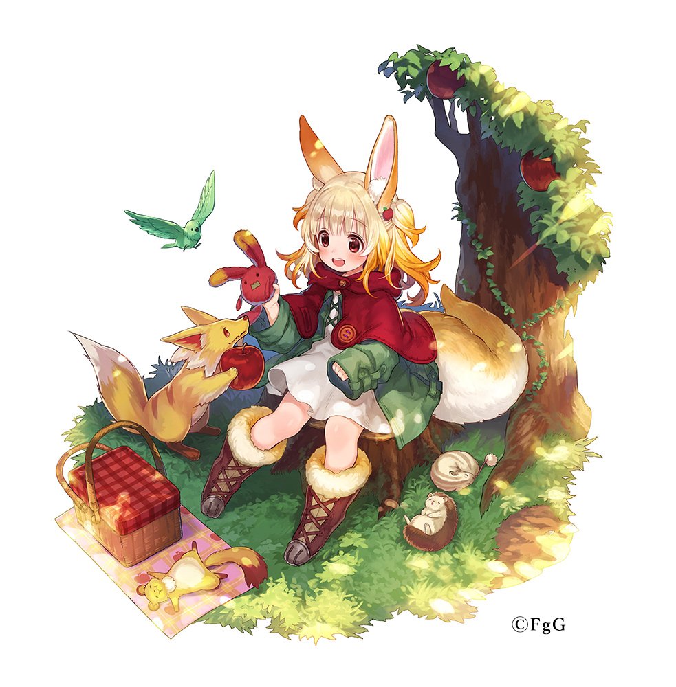 1girl, animal_ears, apple, bird, blonde_hair, boots, brown_eyes, food