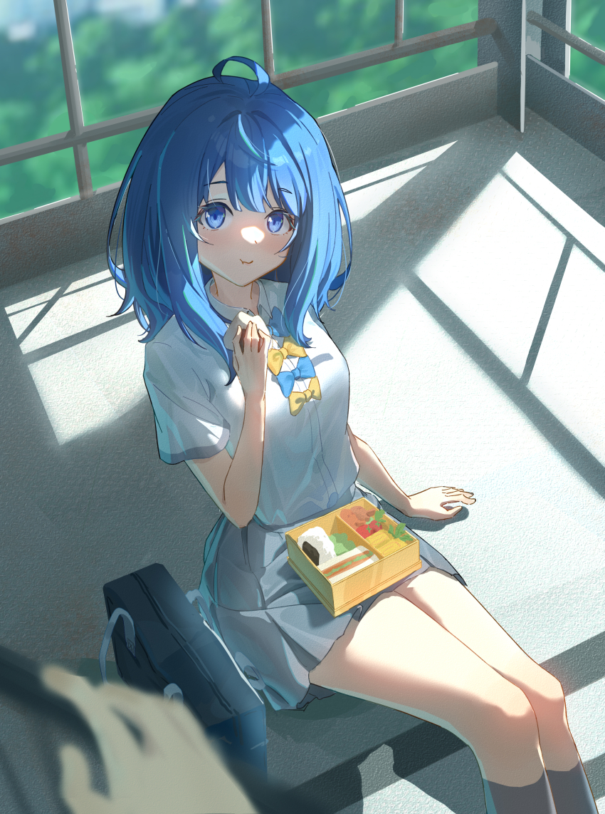 1boy, 1girl, absurdres, ahoge, airaila, bag, bento, blue_bow, blue_bowtie, blue_eyes, blue_hair, bow, bowtie, closed_mouth, day, eating, food, grey_skirt, highres, holding, holding_food, kneehighs, looking_at_viewer, make_heroine_ga_oo_sugiru!, medium_hair, miniskirt, onigiri, outdoors, pleated_skirt, school_bag, school_uniform, shirt, shirt_tucked_in, sitting, sitting_on_stairs, skirt, socks, solo_focus, stairs, thighs, white_shirt, yanami_anna, yellow_bow, yellow_bowtie