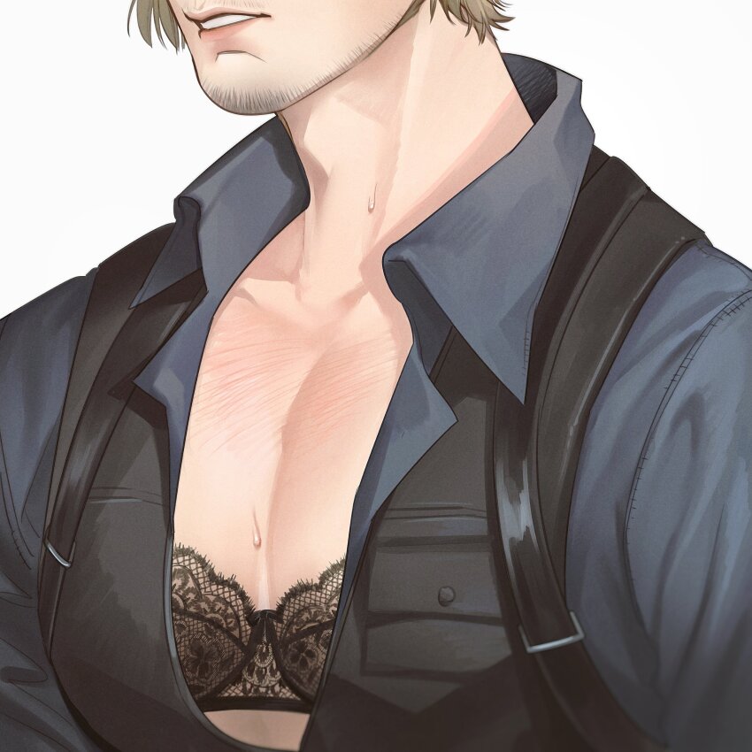 1boy, absurdres, beard_stubble, black_vest, blue_shirt, bra, brown_hair, chest_hair