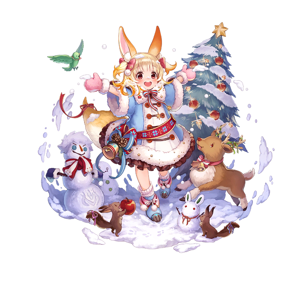 1girl, animal_ears, apple, bell, bird, blonde_hair, blue_footwear, brown_eyes, christmas, food, fruit, hair_ribbon, looking_at_viewer, nina_(ta_ga_tame_no_alchemist), official_art, open_mouth, outdoors, rabbit_ears, rabbit_girl, reindeer, ribbon, skirt, snowman, socks, solo, squirrel, ta_ga_tame_no_alchemist, tail, transparent_background, two_side_up, white_socks