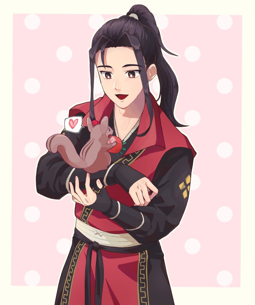 1boy, :d, absurdres, animal_on_arm, black_hair, border, brown_eyes, commentary_request