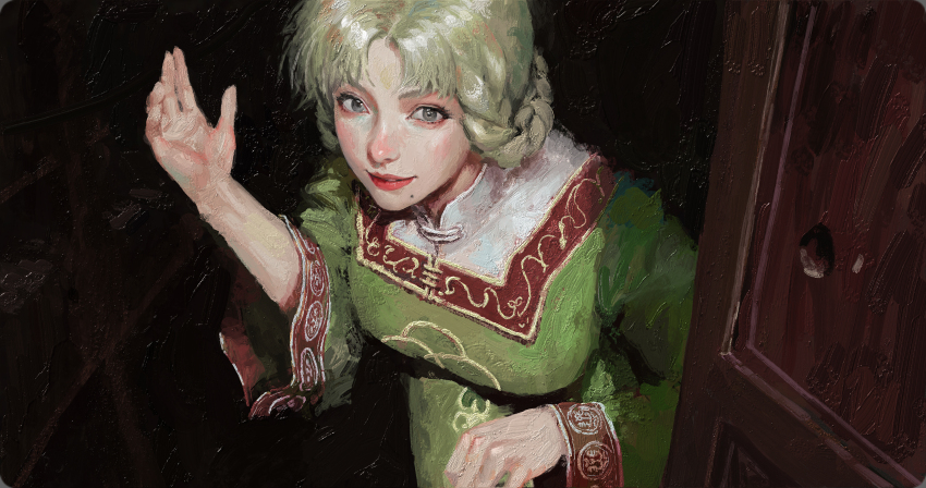 1girl, absurdres, blonde_hair, braid, braided_hair_rings, dress, elden_ring, green_dress, grey_eyes, hair_rings, highres, looking_at_viewer, mole, mole_under_mouth, painterly, parted_bangs, realistic, rya_(elden_ring), slouching, smile, solo, wide_sleeves, xianggang_jizhe