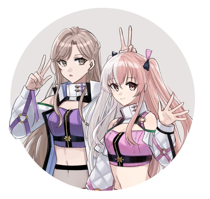 2girls, aoki_shizumi, bare_shoulders, belly, braid, brown_eyes, brown_hair, cleavage_cutout