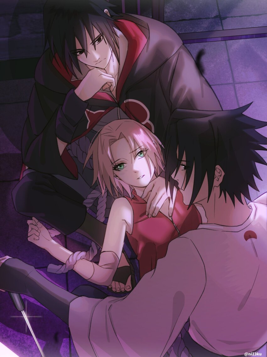 1girl, 2boys, akatsuki_uniform, black_coat, black_eyes, black_hair, chokutou, coat