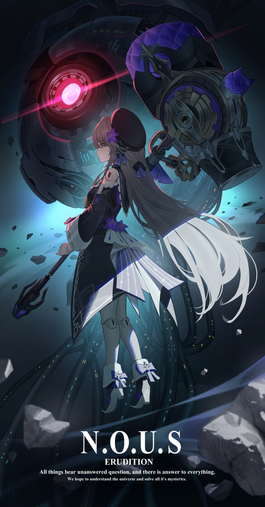 1girl, absurdres, black_dress, black_hat, boots, character_name, commentary, debris