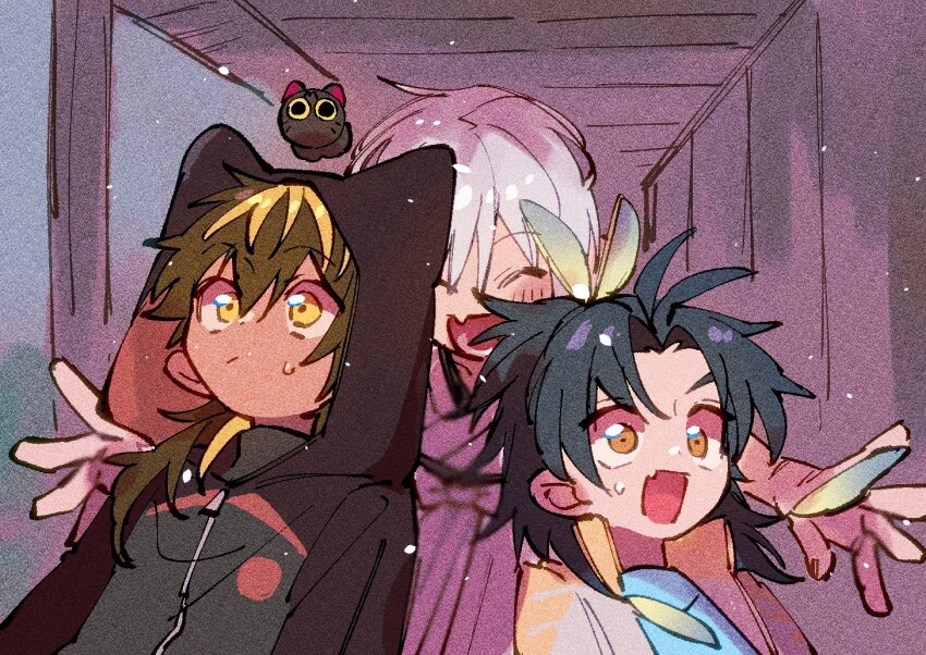 3boys, antenna_hair, black_hair, black_jacket, blonde_hair, blue_shirt, blush, brown_hair