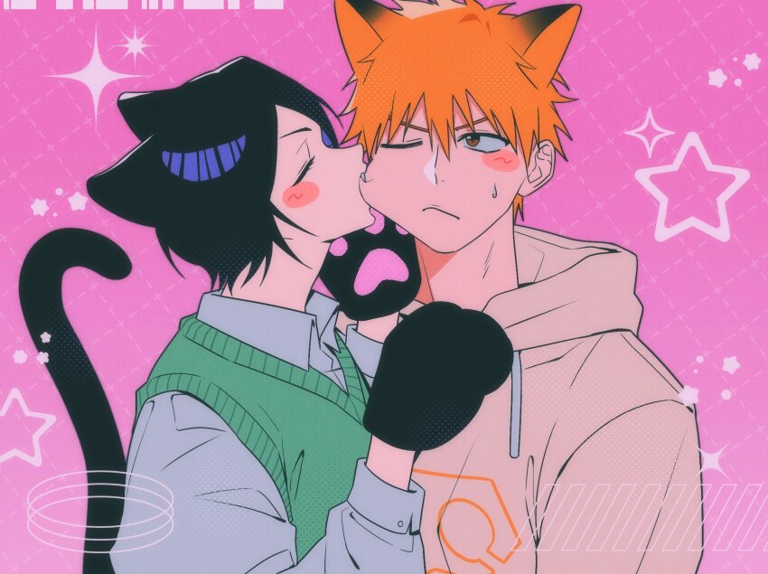 1boy, 1girl, :<, alternate_costume, animal_ears, animal_hands, biting, biting_another's_cheek