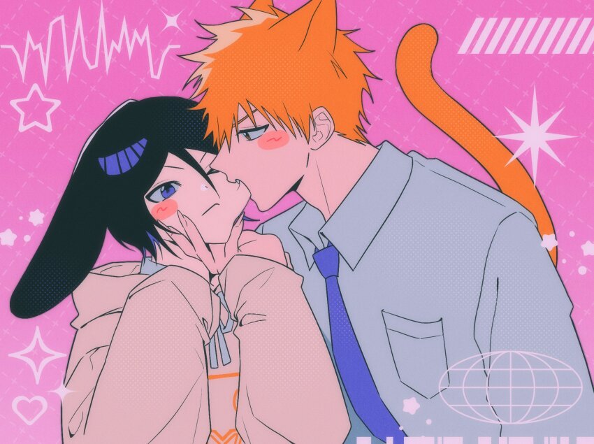 >_o, 1boy, 1girl, :<, alternate_costume, animal_ears, biting, biting_another's_cheek, black_hair, bleach, blue_necktie, blue_shirt, blush_stickers, brown_eyes, brown_hoodie, cat_boy, cat_ears, cat_tail, biting_cheek, closed_mouth, collared_shirt, commentary_request, couple, double-parted_bangs, eyebrows_hidden_by_hair, fang, fingernails, floppy_ears, gwao_(_ul_13), hair_between_eyes, hand_on_another's_chin, hand_up, heart, hetero, highres, hood, hoodie, kemonomimi_mode, korean_commentary, kuchiki_rukia, kurosaki_ichigo, long_fingernails, long_sleeves, looking_at_another, necktie, one_eye_closed, open_mouth, orange_hair, pink_background, profile, puffy_long_sleeves, puffy_sleeves, purple_eyes, rabbit_ears, rabbit_girl, sharp_fingernails, shirt, short_hair, simple_background, sleeves_past_fingers, sleeves_past_wrists, sparkle, spiked_hair, star_(symbol), straight_hair, tail, tail_raised, tsurime, upper_body, v-shaped_eyebrows