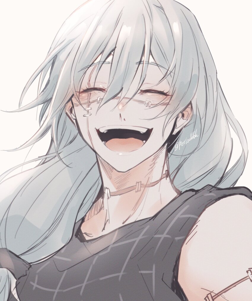 1boy, akasuzu3641, blue_hair, blush, closed_eyes, highres, jujutsu_kaisen, long_hair