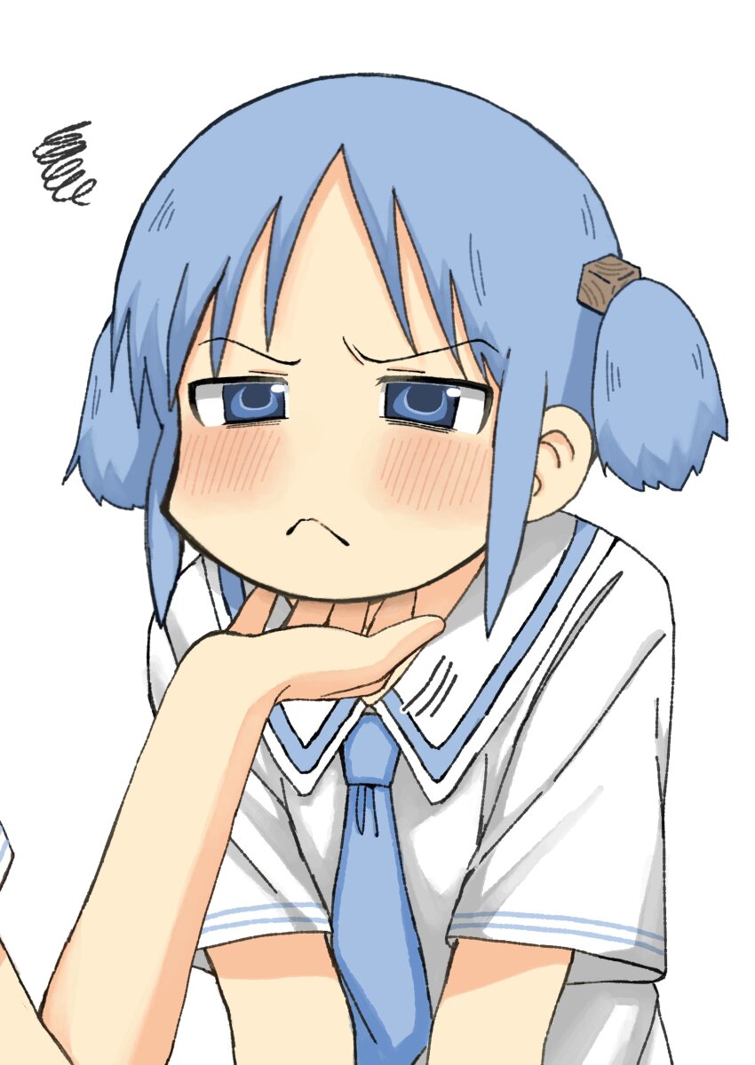 1girl, 1other, absurdres, blue_eyes, blue_hair, blue_necktie, blush, closed_mouth, cube_hair_ornament, frown, hair_ornament, hand_on_another's_chin, highres, naganohara_mio, naganoharamiomio, necktie, nichijou, sailor_collar, school_uniform, shirt, short_hair, short_sleeves, short_twintails, simple_background, solo_focus, squiggle, stroking_another's_chin, tokisadame_school_uniform, twintails, upper_body, white_background, white_sailor_collar, white_shirt