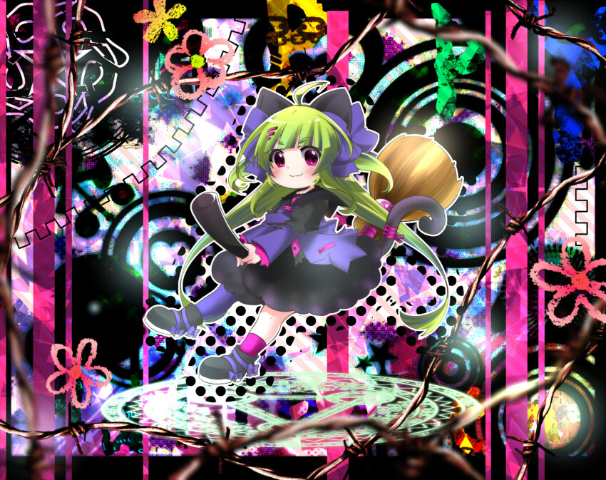 1girl, abstract_background, ahoge, animal_ears, asymmetrical_legwear, barbed_wire, black_footwear, black_skirt