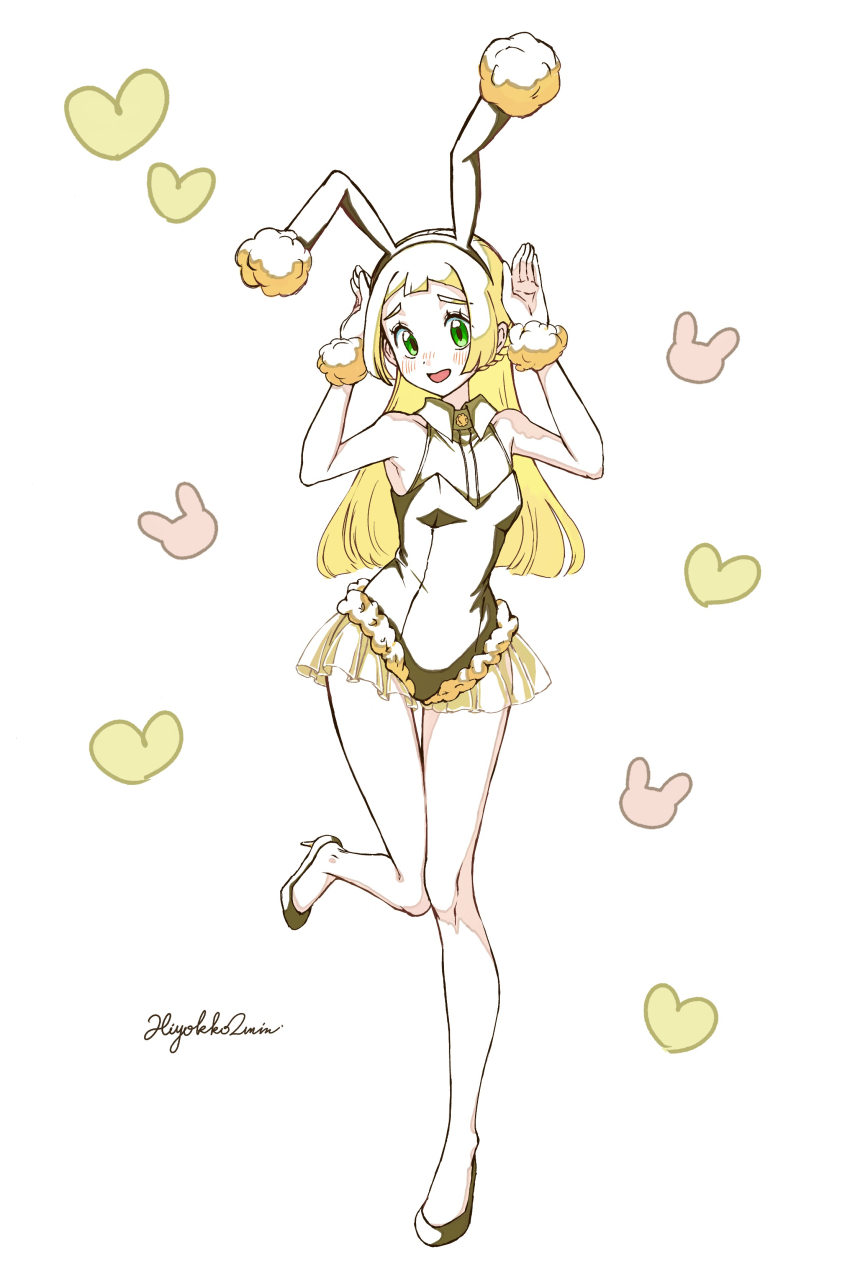 1girl, absurdres, alternate_costume, animal_ears, blonde_hair, blush, commentary_request, eyelashes, fake_animal_ears, full_body, green_eyes, hairband, hands_up, heart, high_heels, highres, hiyokko2min, knees, knees_together_feet_apart, leg_up, lillie_(pokemon), long_hair, looking_at_viewer, nintendo, open_mouth, playboy_bunny, pokemon, pokemon_sun_and_moon, puffy_wrist_cuffs, rabbit_ears, signature, simple_background, smile, solo, white_background