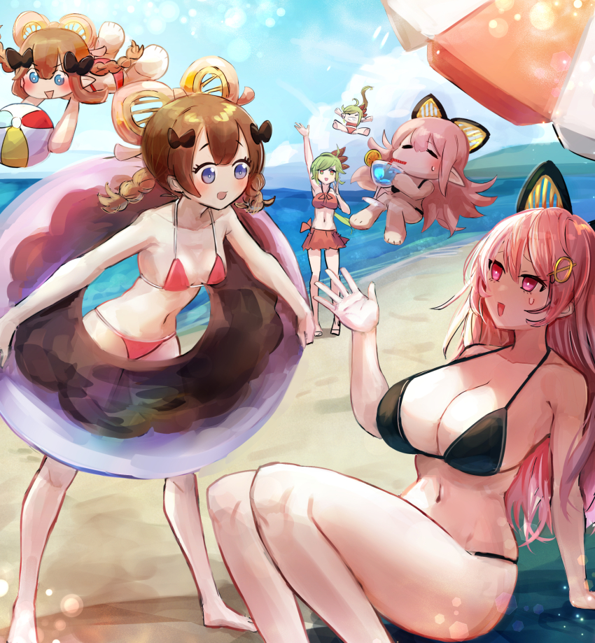 6+girls, alternate_costume, ball, beach, beachball, bikini, black_bikini, blue_eyes, breasts, brown_hair, cleavage, commission, day, dosolfachord_coolia, dosolfachord_cutia, duel_monster, fairy, familiar, fasolfachord_fancia, green_hair, hatano_kiyoshi, highres, huge_breasts, lifebuoy, multiple_girls, navel, ocean, outdoors, pink_hair, red_bikini, sitting, skeb_commission, standing, swim_ring, swimsuit, yu-gi-oh!