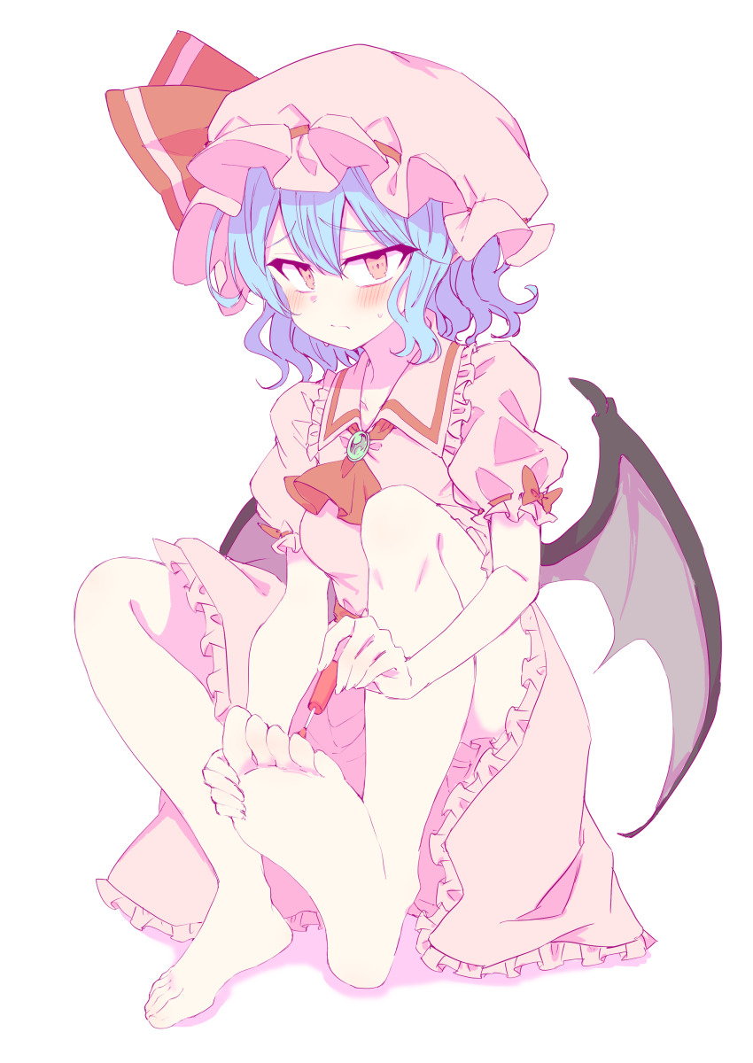 1girl, absurdres, barefoot, blue_hair, blush, demon_wings, feet, highres
